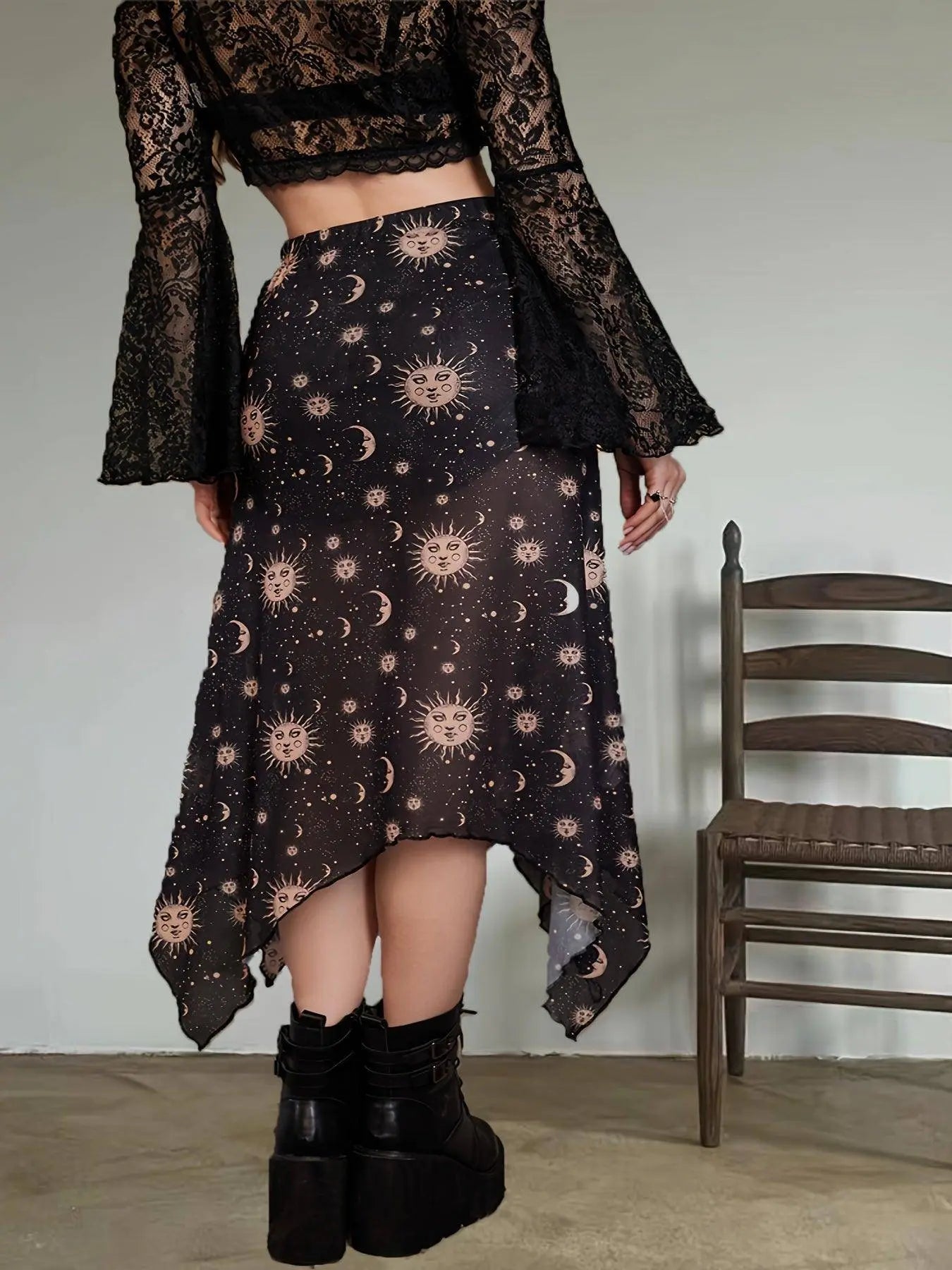 Sun & Moon Print Asymmetric Hem Mesh Skirt, Y2K High Waist Frill Trim Skirt, Women's Clothing SS69