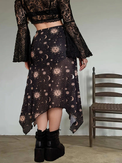 Sun & Moon Print Asymmetric Hem Mesh Skirt, Y2K High Waist Frill Trim Skirt, Women's Clothing SS69