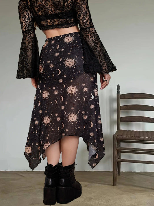 Sun & Moon Print Asymmetric Hem Mesh Skirt, Y2K High Waist Frill Trim Skirt, Women's Clothing SS69