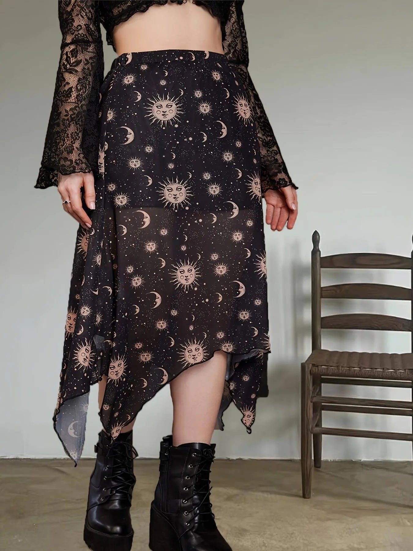 Sun & Moon Print Asymmetric Hem Mesh Skirt, Y2K High Waist Frill Trim Skirt, Women's Clothing SS69