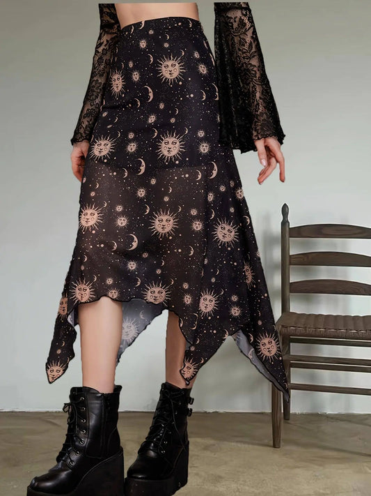 Sun & Moon Print Asymmetric Hem Mesh Skirt, Y2K High Waist Frill Trim Skirt, Women's Clothing SS69