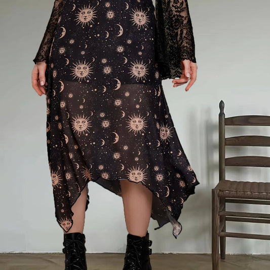 Sun & Moon Print Asymmetric Hem Mesh Skirt, Y2K High Waist Frill Trim Skirt, Women's Clothing SS69