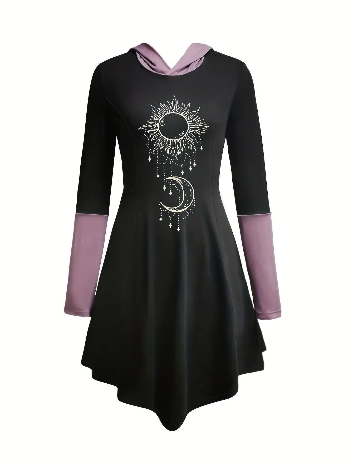 Sun & Moon Print Color Block Hooded Dress, Casual Long Sleeve Asymmetrical Hem Dress For Spring & Fall, Women's Clothing SS69