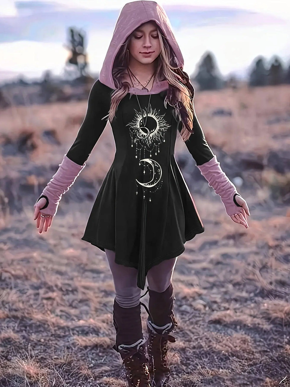 Sun & Moon Print Color Block Hooded Dress, Casual Long Sleeve Asymmetrical Hem Dress For Spring & Fall, Women's Clothing SS69