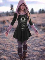 Sun & Moon Print Color Block Hooded Dress, Casual Long Sleeve Asymmetrical Hem Dress For Spring & Fall, Women's Clothing SS69