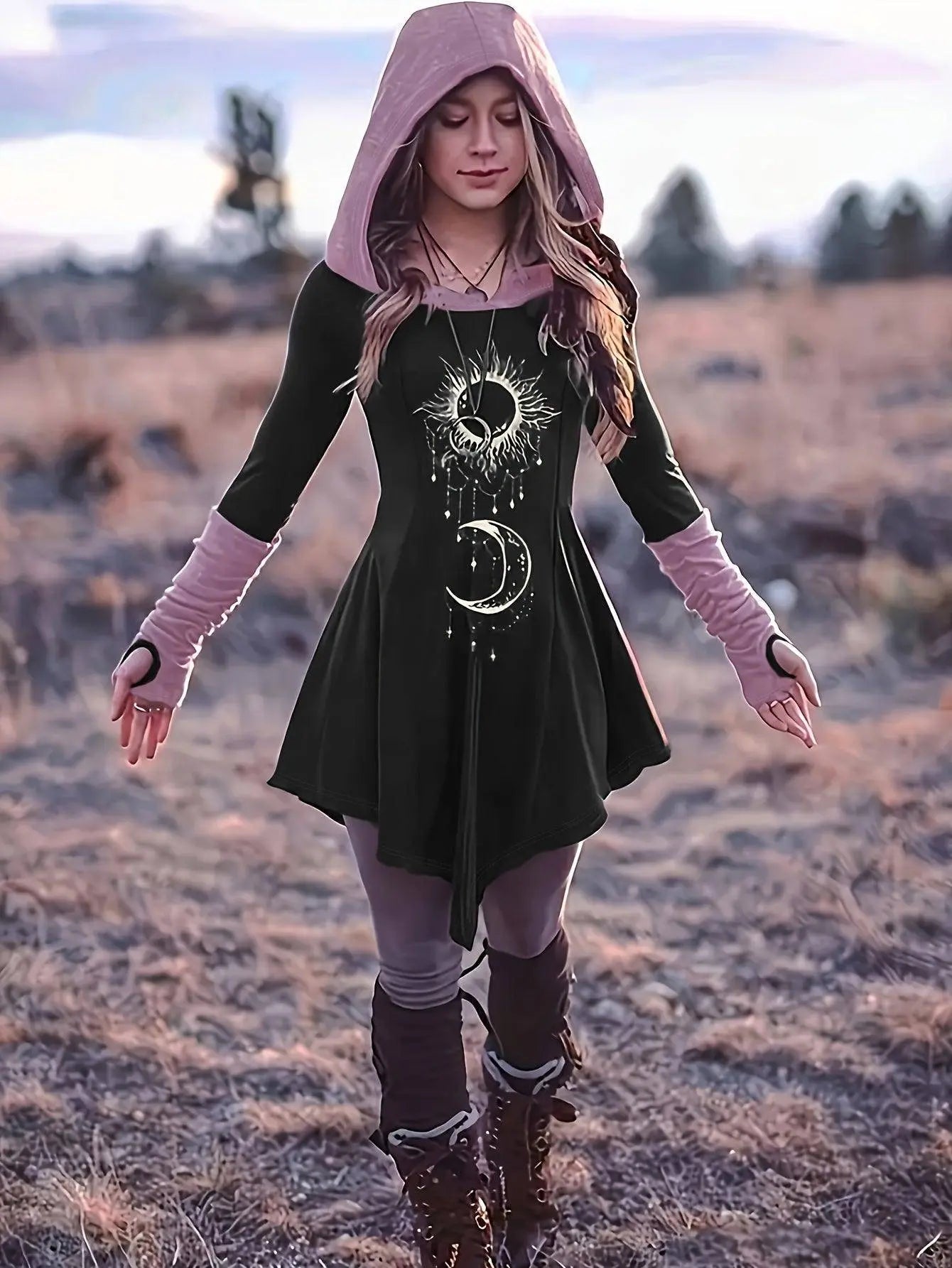 Sun & Moon Print Color Block Hooded Dress, Casual Long Sleeve Asymmetrical Hem Dress For Spring & Fall, Women's Clothing SS69