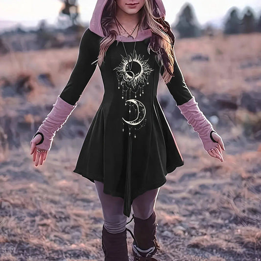 Sun & Moon Print Color Block Hooded Dress, Casual Long Sleeve Asymmetrical Hem Dress For Spring & Fall, Women's Clothing SS69