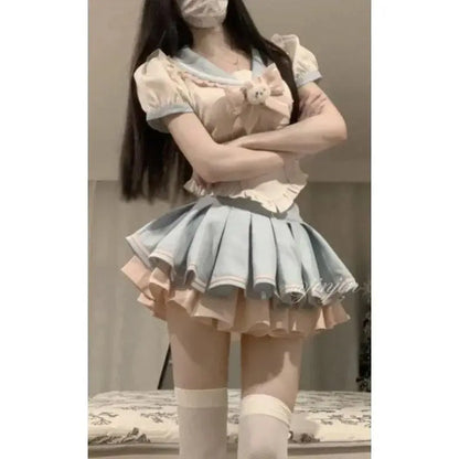 Sweet Contrast Color Shirt Cake Skirt Two-piece Set Women Korean Fashion Navy Collar Rabbit Bubble Sleeves Spicy Princess Suit SS69