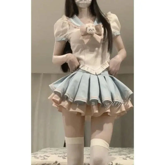 Sweet Contrast Color Shirt Cake Skirt Two-piece Set Women Korean Fashion Navy Collar Rabbit Bubble Sleeves Spicy Princess Suit SS69