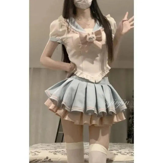 Sweet Contrast Color Shirt Cake Skirt Two-piece Set Women Korean Fashion Navy Collar Rabbit Bubble Sleeves Spicy Princess Suit SS69