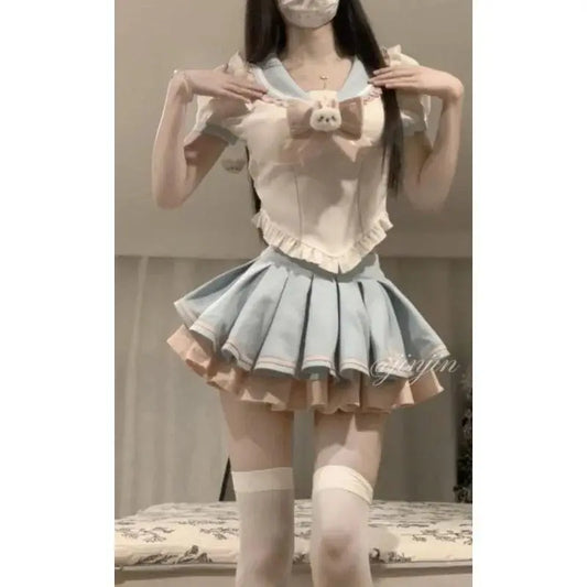 Sweet Contrast Color Shirt Cake Skirt Two-piece Set Women Korean Fashion Navy Collar Rabbit Bubble Sleeves Spicy Princess Suit SS69