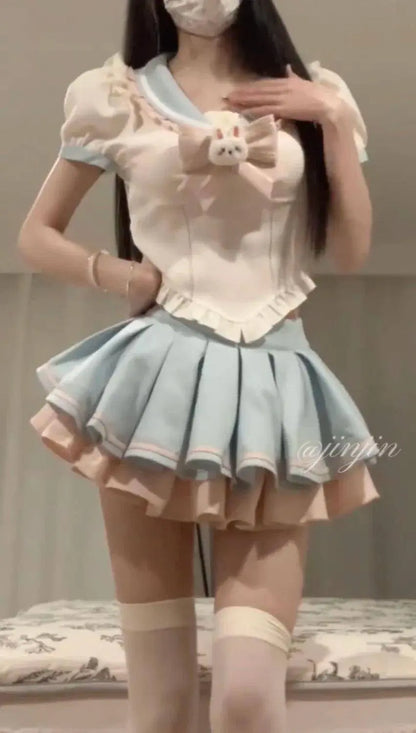 Sweet Contrast Color Shirt Cake Skirt Two-piece Set Women Korean Fashion Navy Collar Rabbit Bubble Sleeves Spicy Princess Suit SS69