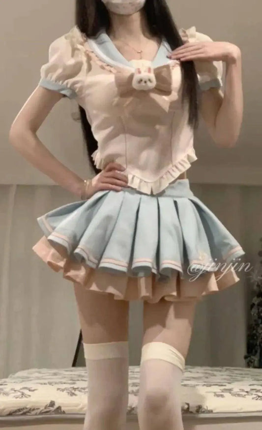 Sweet Contrast Color Shirt Cake Skirt Two-piece Set Women Korean Fashion Navy Collar Rabbit Bubble Sleeves Spicy Princess Suit SS69