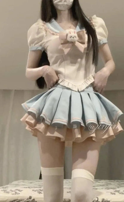 Sweet Contrast Color Shirt Cake Skirt Two-piece Set Women Korean Fashion Navy Collar Rabbit Bubble Sleeves Spicy Princess Suit SS69