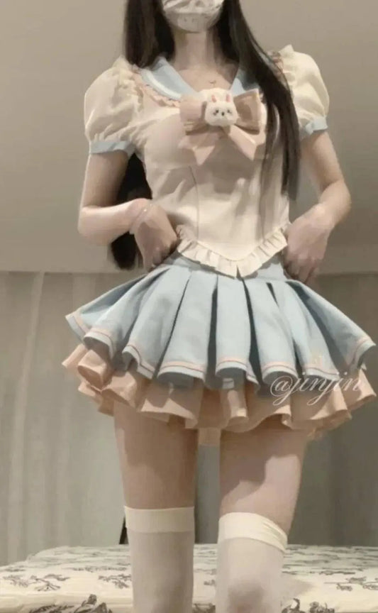 Sweet Contrast Color Shirt Cake Skirt Two-piece Set Women Korean Fashion Navy Collar Rabbit Bubble Sleeves Spicy Princess Suit SS69