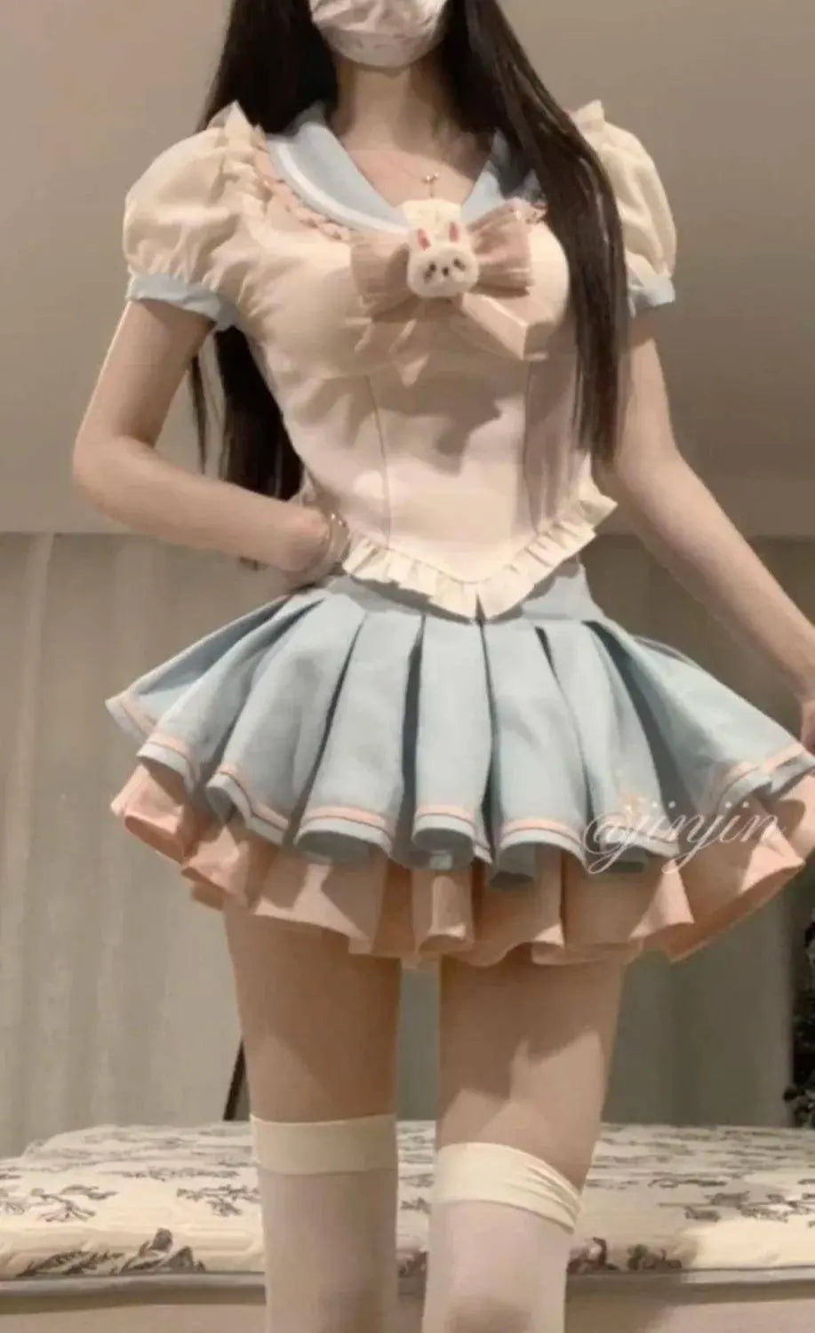 Sweet Contrast Color Shirt Cake Skirt Two-piece Set Women Korean Fashion Navy Collar Rabbit Bubble Sleeves Spicy Princess Suit SS69