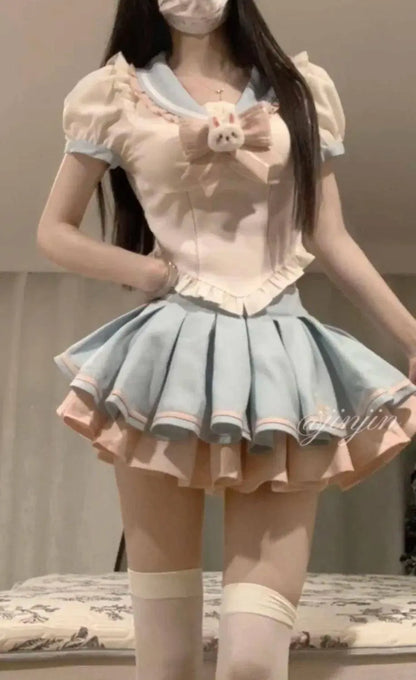 Sweet Contrast Color Shirt Cake Skirt Two-piece Set Women Korean Fashion Navy Collar Rabbit Bubble Sleeves Spicy Princess Suit SS69