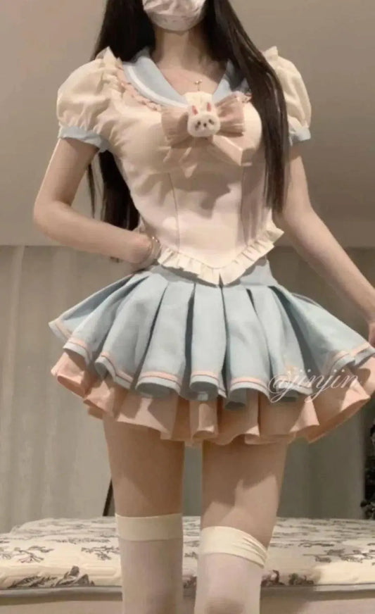 Sweet Contrast Color Shirt Cake Skirt Two-piece Set Women Korean Fashion Navy Collar Rabbit Bubble Sleeves Spicy Princess Suit SS69