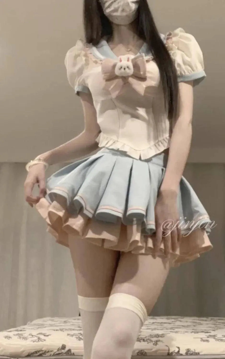 Sweet Contrast Color Shirt Cake Skirt Two-piece Set Women Korean Fashion Navy Collar Rabbit Bubble Sleeves Spicy Princess Suit SS69