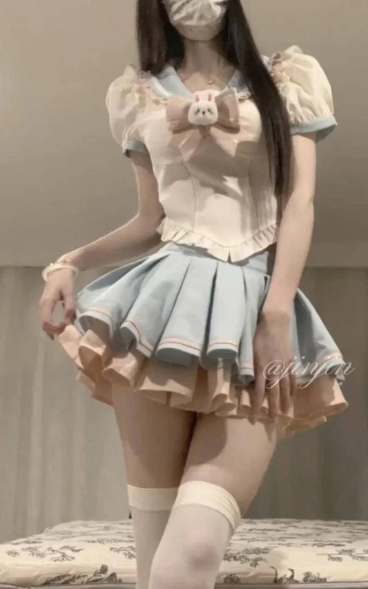 Sweet Contrast Color Shirt Cake Skirt Two-piece Set Women Korean Fashion Navy Collar Rabbit Bubble Sleeves Spicy Princess Suit SS69