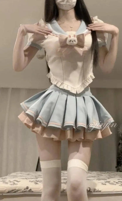 Sweet Contrast Color Shirt Cake Skirt Two-piece Set Women Korean Fashion Navy Collar Rabbit Bubble Sleeves Spicy Princess Suit SS69