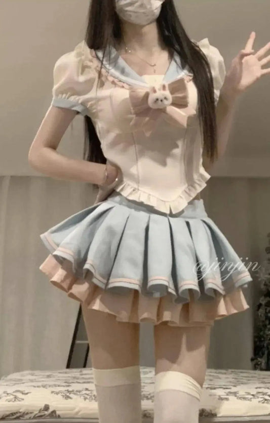 Sweet Contrast Color Shirt Cake Skirt Two-piece Set Women Korean Fashion Navy Collar Rabbit Bubble Sleeves Spicy Princess Suit SS69