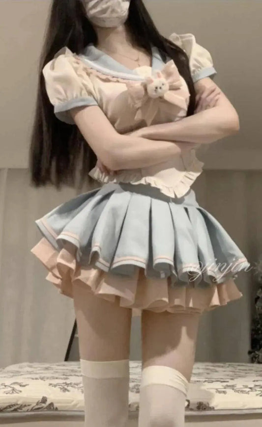 Sweet Contrast Color Shirt Cake Skirt Two-piece Set Women Korean Fashion Navy Collar Rabbit Bubble Sleeves Spicy Princess Suit SS69