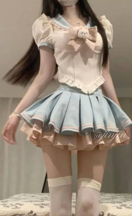 Sweet Contrast Color Shirt Cake Skirt Two-piece Set Women Korean Fashion Navy Collar Rabbit Bubble Sleeves Spicy Princess Suit SS69