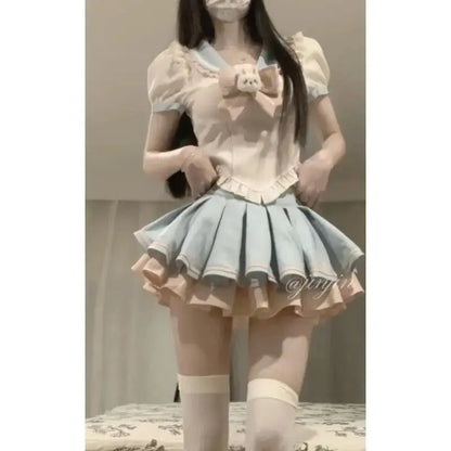 Sweet Contrast Color Shirt Cake Skirt Two-piece Set Women Korean Fashion Navy Collar Rabbit Bubble Sleeves Spicy Princess Suit SS69 35.69 Set(with bow) / CN / S