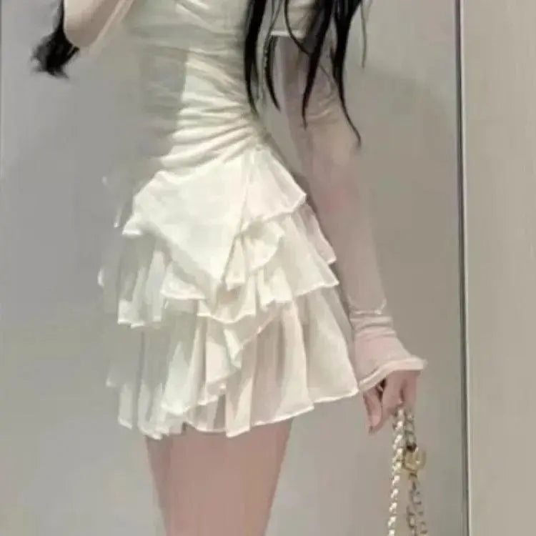 Sweet Sexy Slash Neck Sun Protection Mesh Tops Women+ Y2k E-Girl High Waist Ruched Cake Skirts Summer New Two Piece Sets SS69 22.69 Skirts / S