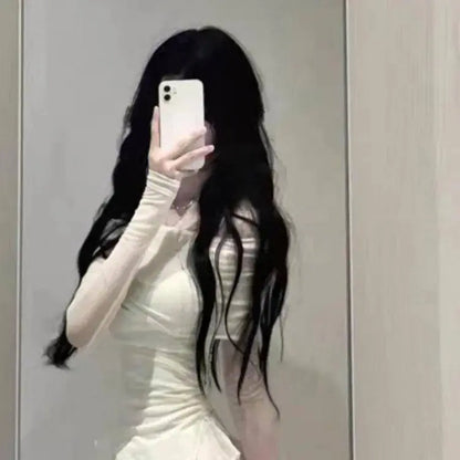 Sweet Sexy Slash Neck Sun Protection Mesh Tops Women+ Y2k E-Girl High Waist Ruched Cake Skirts Summer New Two Piece Sets SS69 19.69 Tops / L