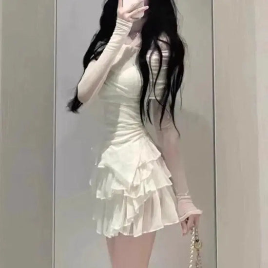 Sweet Sexy Slash Neck Sun Protection Mesh Tops Women+ Y2k E-Girl High Waist Ruched Cake Skirts Summer New Two Piece Sets SS69 32.69 2 piece sets / S