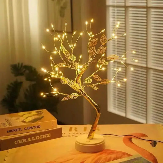 Table Tree Night Light USB/Battery Powered Touch Switch Artificial Bonsai Cherry Blossom Desktop Tree LED Lamp Light Decoration SS69 11.69 Golden leaf / USB Plug
