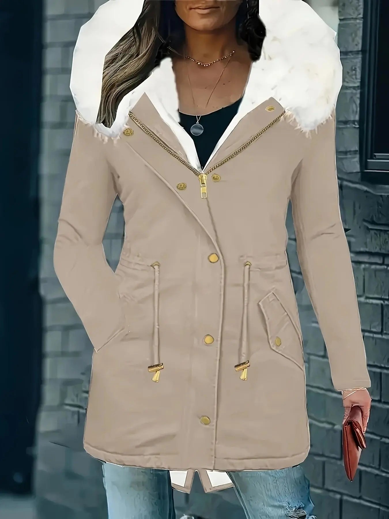 [Targeted Model]Artificial Fur Hooded Drawstring Pea Coat, Zipper and Button Front Pocket Warm Coat, Women's Clothing - SS69