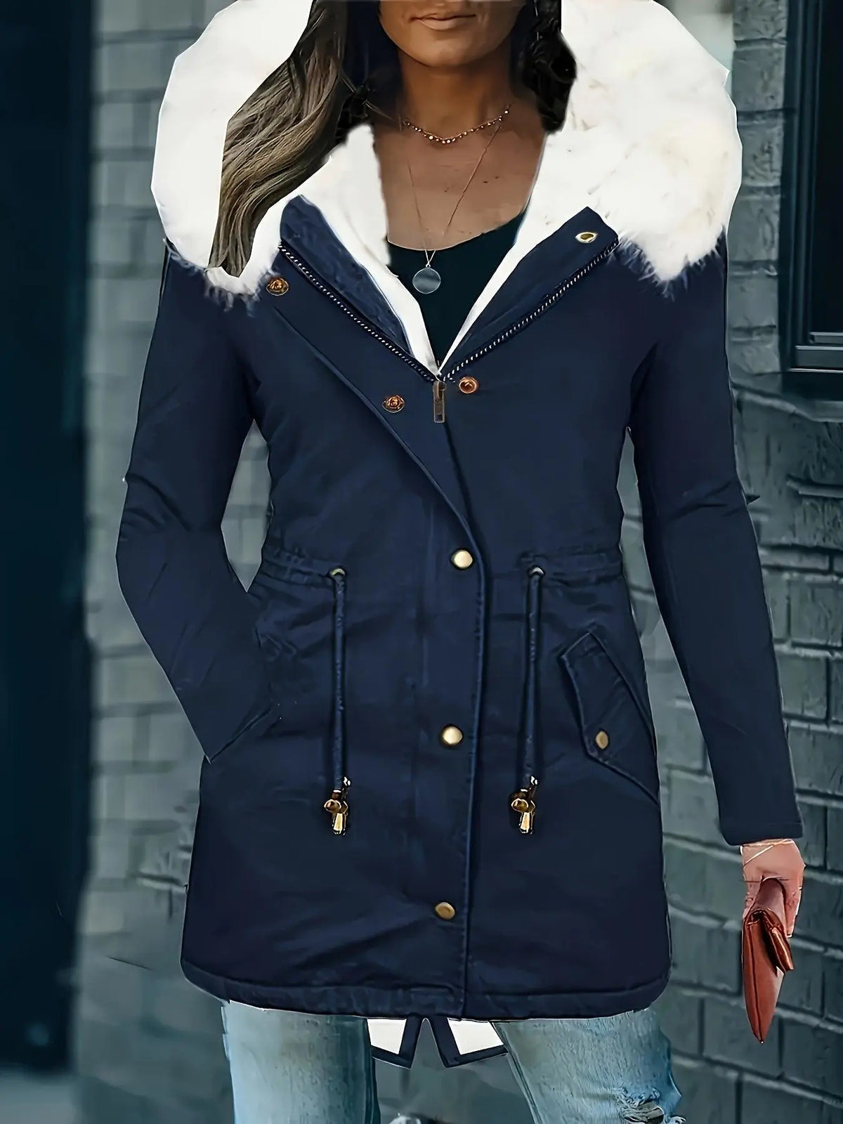 [Targeted Model]Artificial Fur Hooded Drawstring Pea Coat, Zipper and Button Front Pocket Warm Coat, Women's Clothing - SS69
