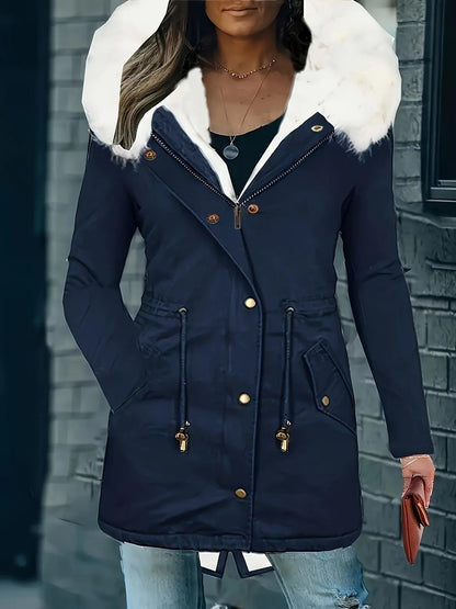 [Targeted Model]Artificial Fur Hooded Drawstring Pea Coat, Zipper and Button Front Pocket Warm Coat, Women's Clothing - SS69