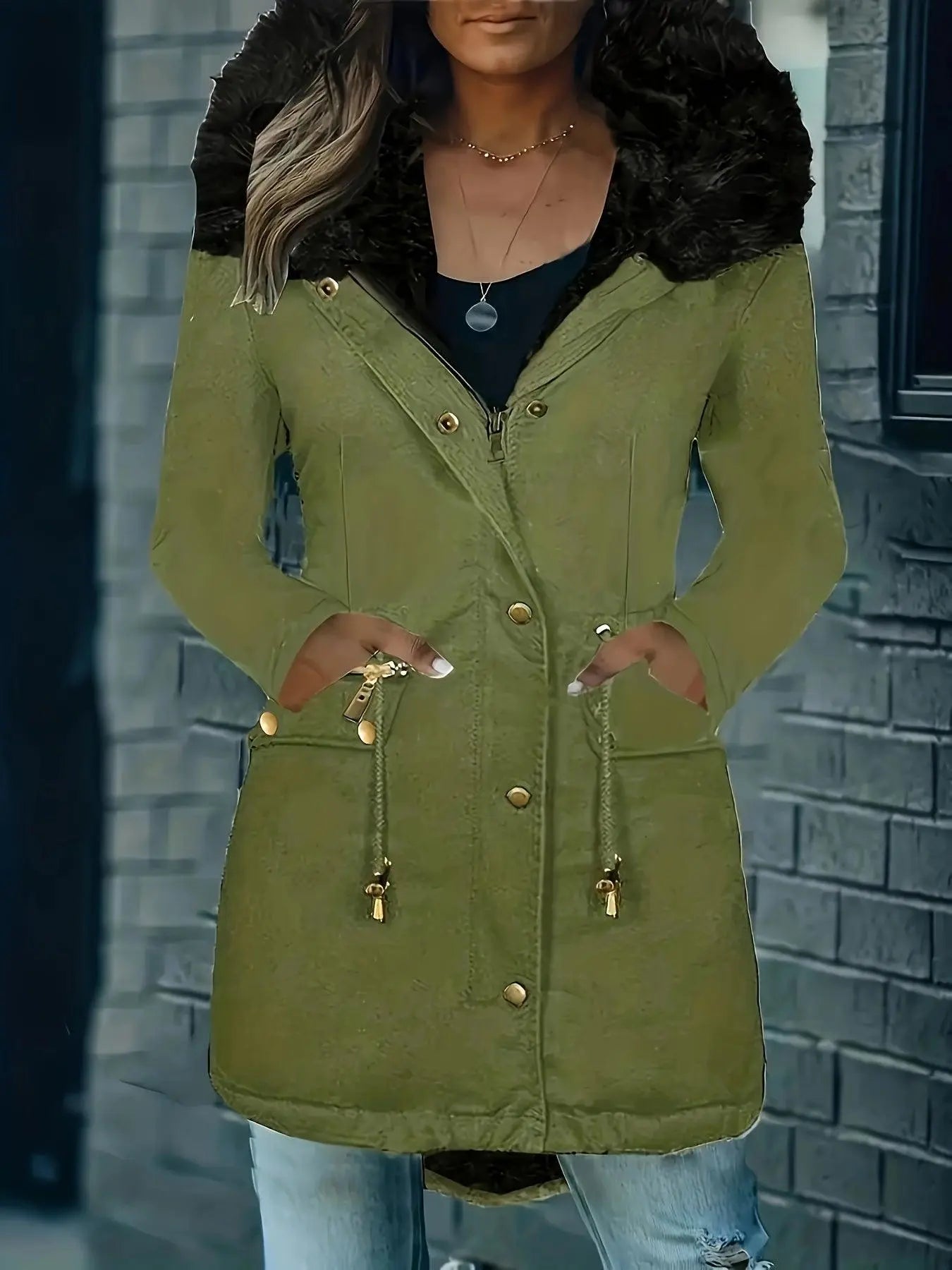 [Targeted Model]Artificial Fur Hooded Drawstring Pea Coat, Zipper and Button Front Pocket Warm Coat, Women's Clothing - SS69