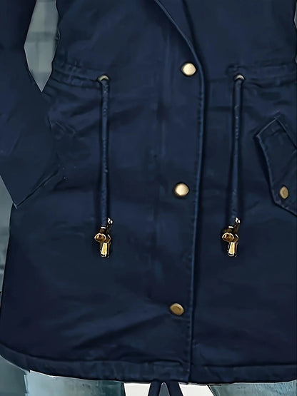 [Targeted Model]Artificial Fur Hooded Drawstring Pea Coat, Zipper and Button Front Pocket Warm Coat, Women's Clothing - SS69