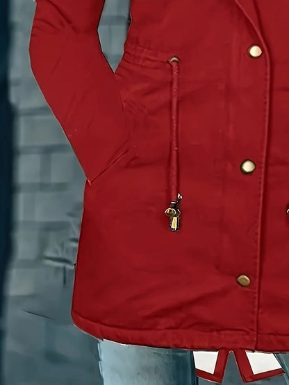 [Targeted Model]Artificial Fur Hooded Drawstring Pea Coat, Zipper and Button Front Pocket Warm Coat, Women's Clothing - SS69