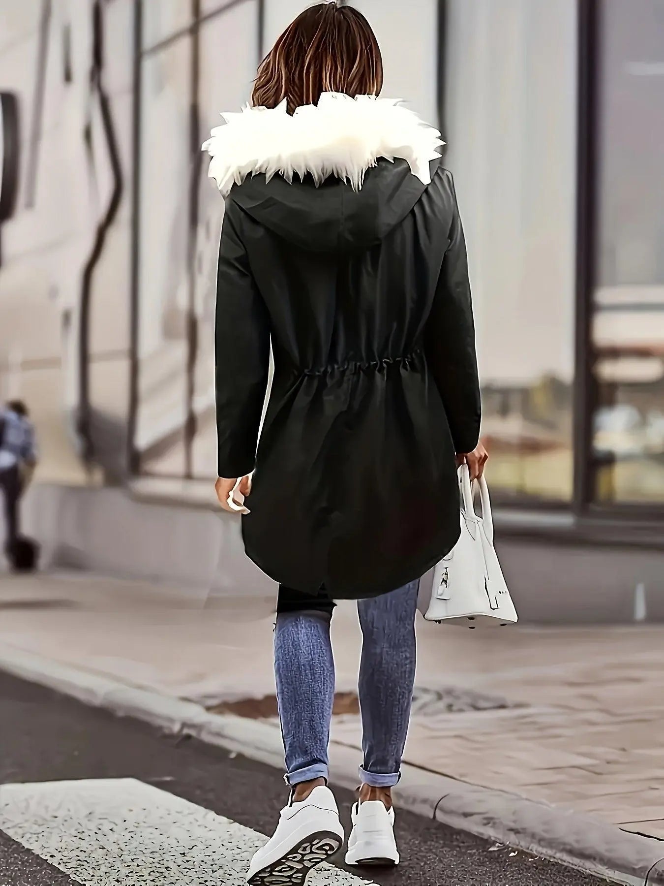 [Targeted Model]Artificial Fur Hooded Drawstring Pea Coat, Zipper and Button Front Pocket Warm Coat, Women's Clothing - SS69