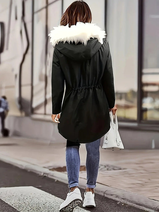 [Targeted Model]Artificial Fur Hooded Drawstring Pea Coat, Zipper and Button Front Pocket Warm Coat, Women's Clothing - SS69
