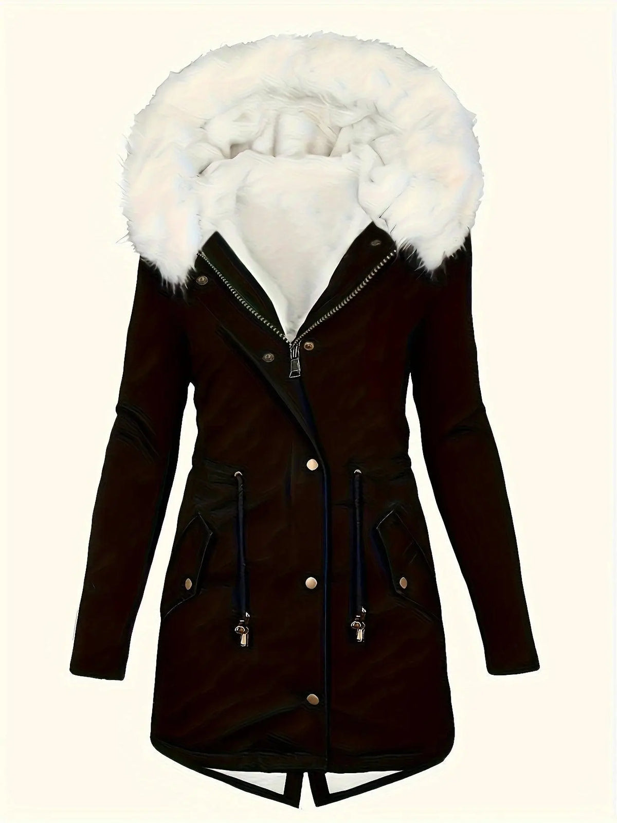 [Targeted Model]Artificial Fur Hooded Drawstring Pea Coat, Zipper and Button Front Pocket Warm Coat, Women's Clothing - SS69
