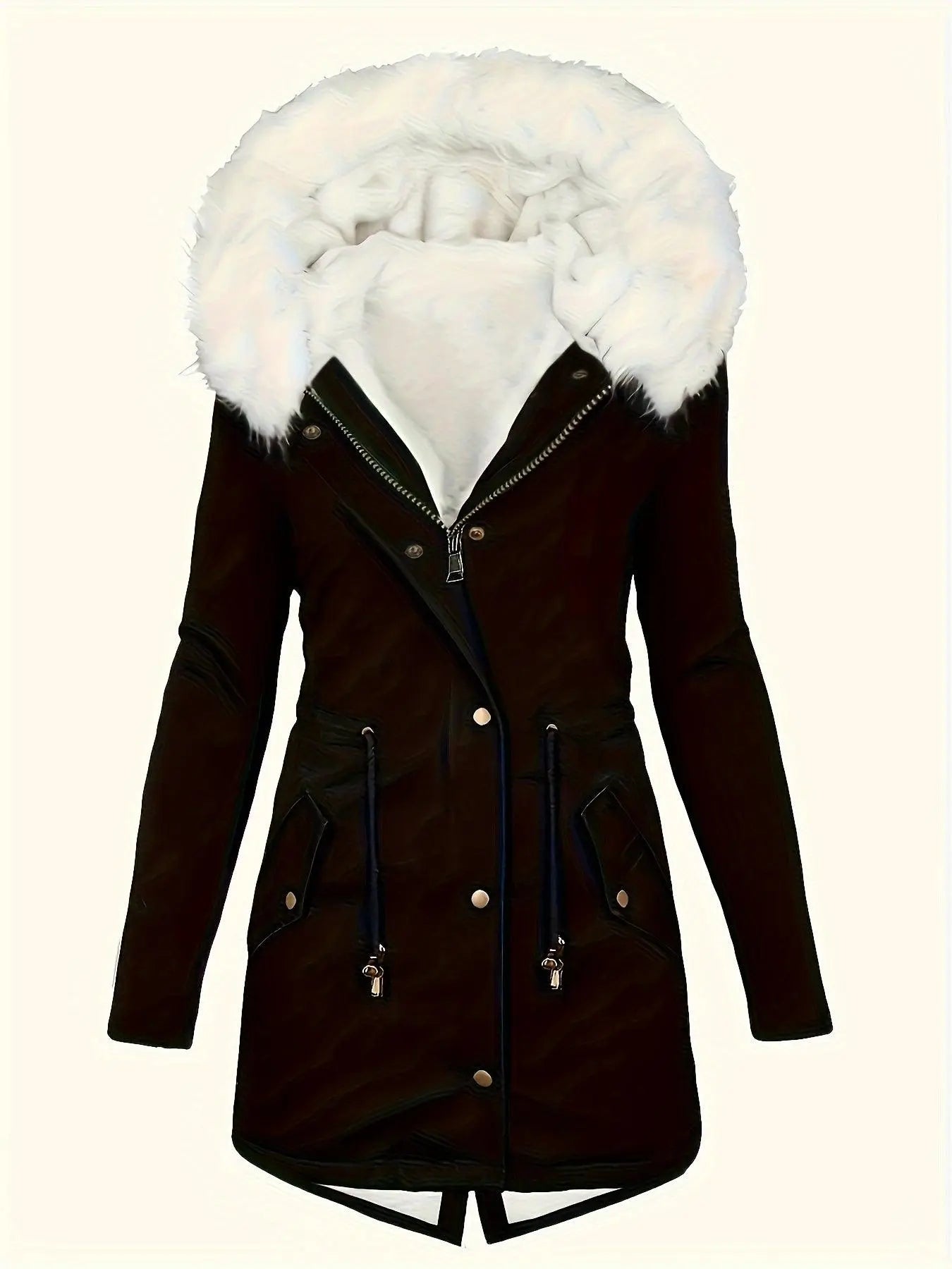 [Targeted Model]Artificial Fur Hooded Drawstring Pea Coat, Zipper and Button Front Pocket Warm Coat, Women's Clothing - SS69