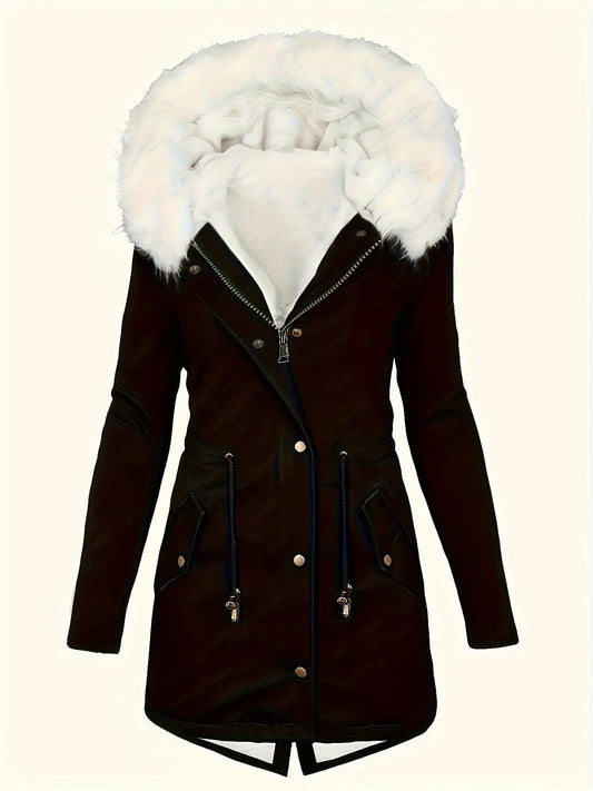 [Targeted Model]Artificial Fur Hooded Drawstring Pea Coat, Zipper and Button Front Pocket Warm Coat, Women's Clothing - SS69