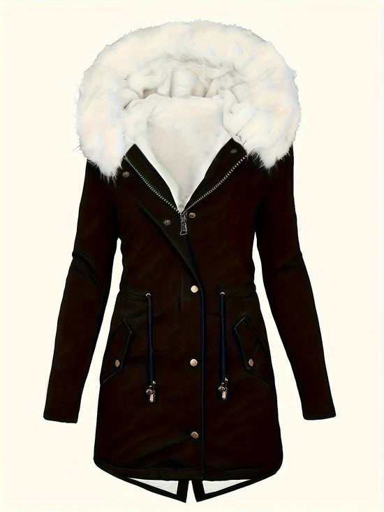 [Targeted Model]Artificial Fur Hooded Drawstring Pea Coat, Zipper and Button Front Pocket Warm Coat, Women's Clothing - SS69