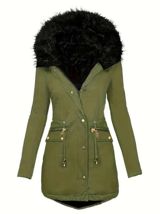 [Targeted Model]Artificial Fur Hooded Drawstring Pea Coat, Zipper and Button Front Pocket Warm Coat, Women's Clothing - SS69