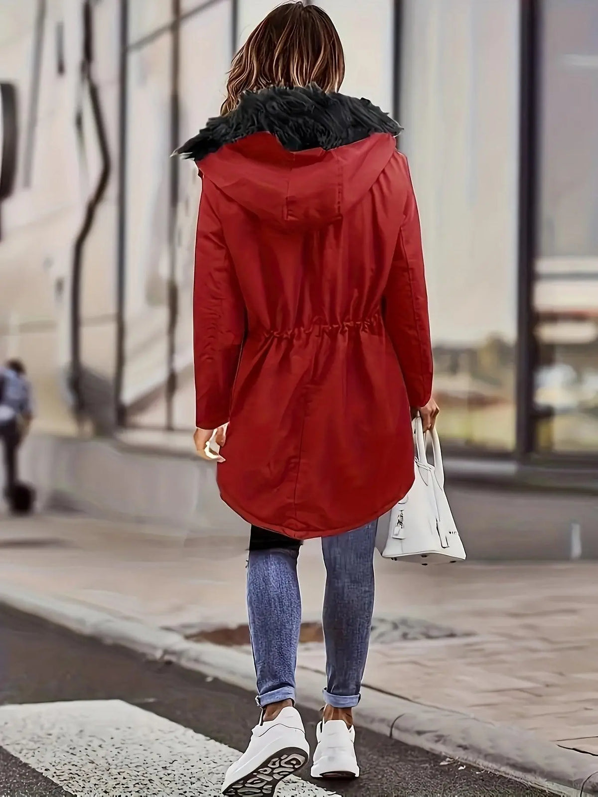 [Targeted Model]Artificial Fur Hooded Drawstring Pea Coat, Zipper and Button Front Pocket Warm Coat, Women's Clothing - SS69