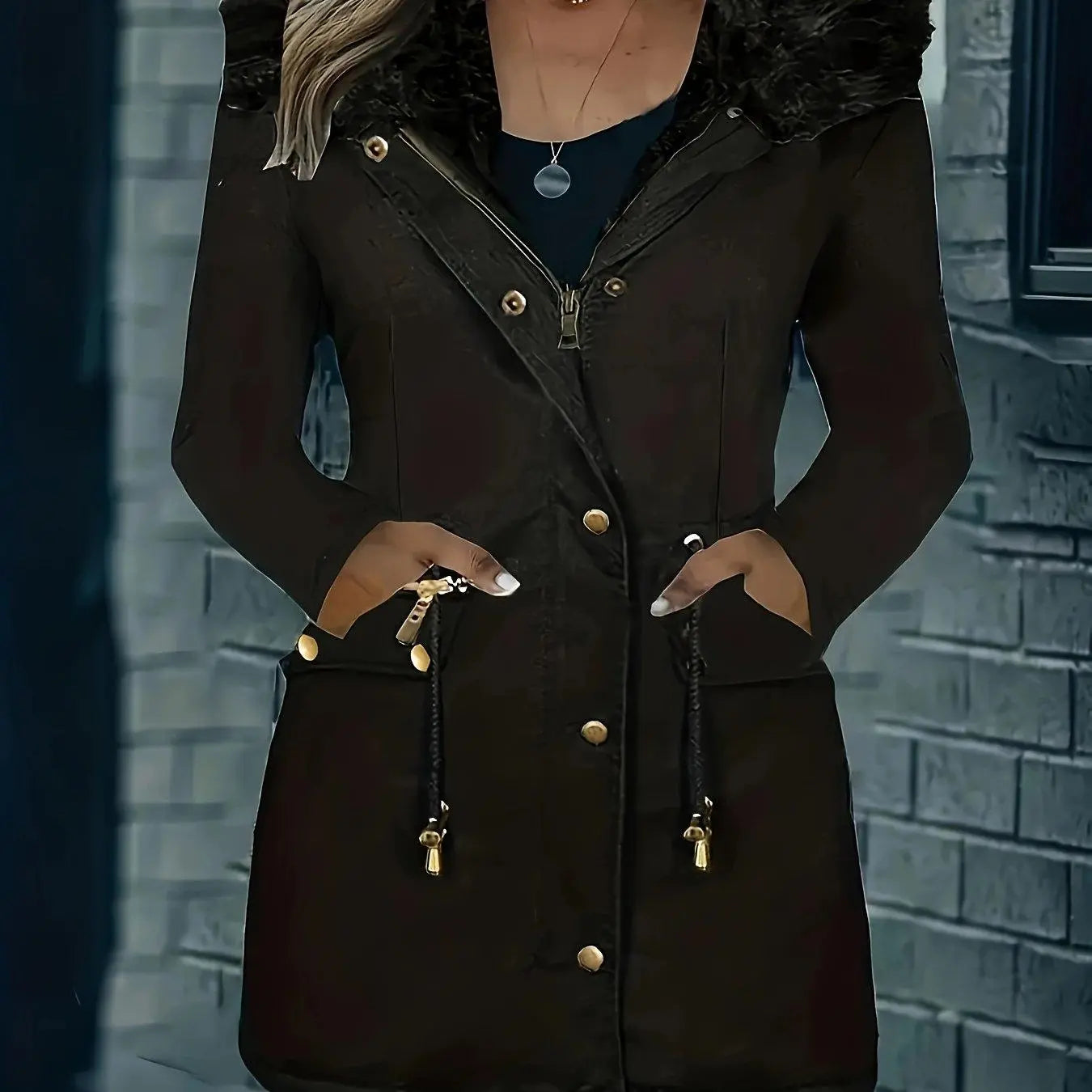 [Targeted Model]Artificial Fur Hooded Drawstring Pea Coat, Zipper and Button Front Pocket Warm Coat, Women's Clothing - SS69