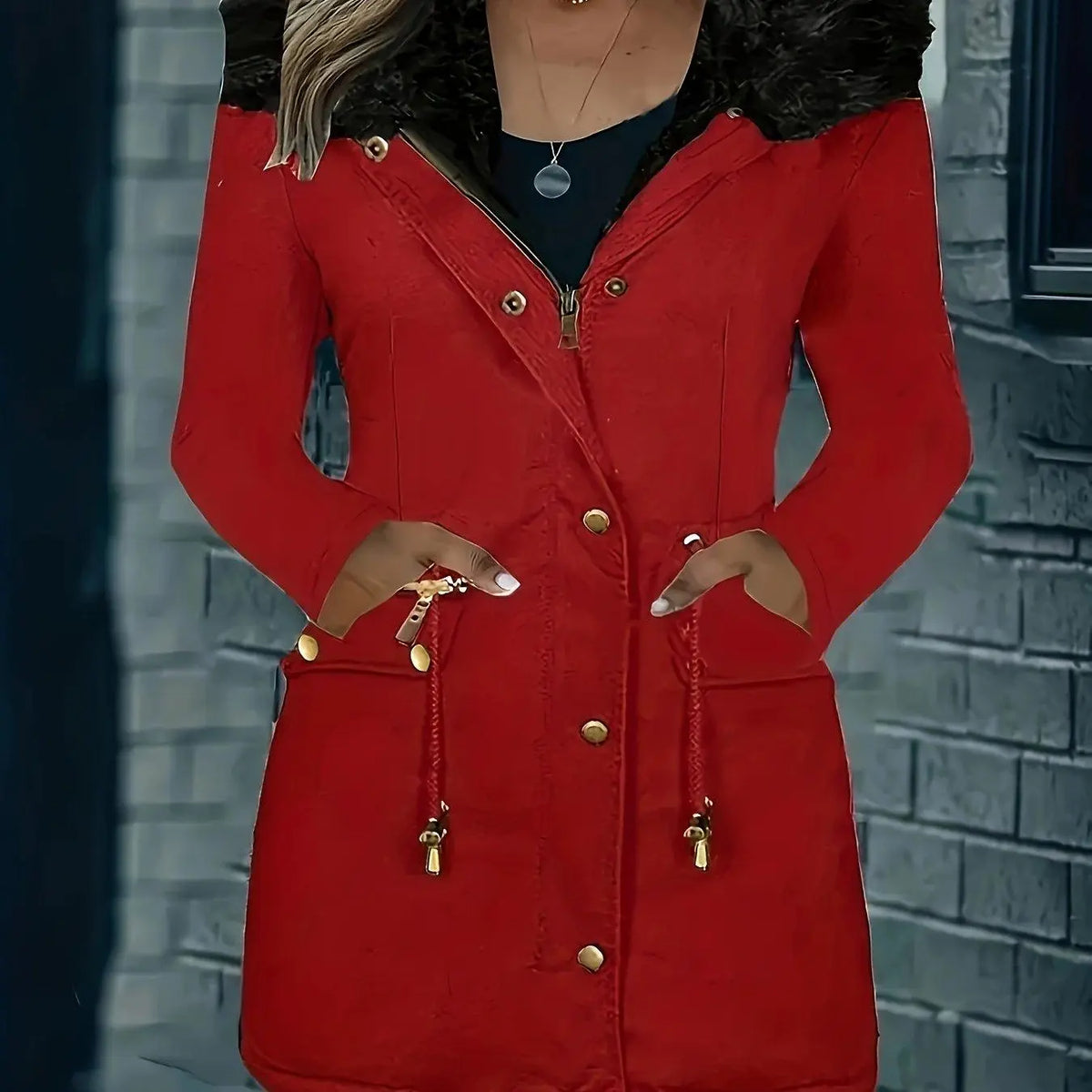 [Targeted Model]Artificial Fur Hooded Drawstring Pea Coat, Zipper and Button Front Pocket Warm Coat, Women's Clothing - SS69