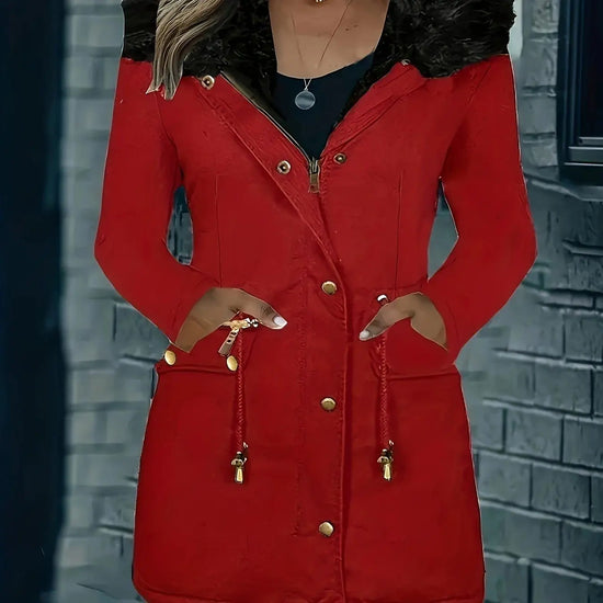 [Targeted Model]Artificial Fur Hooded Drawstring Pea Coat, Zipper and Button Front Pocket Warm Coat, Women's Clothing - SS69